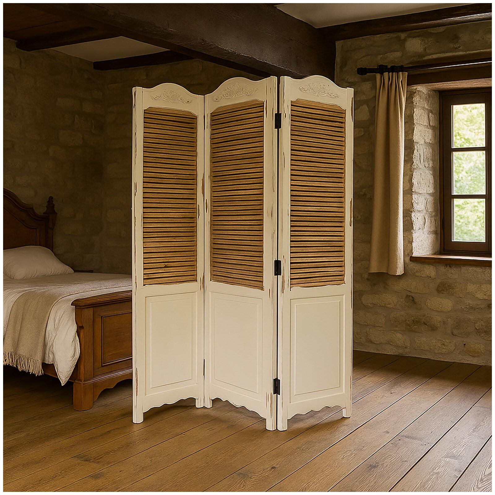 HTI-Living Paravent 3-teilig im Shabby Chic Raumteiler im Landhausstil mit Lamellen 