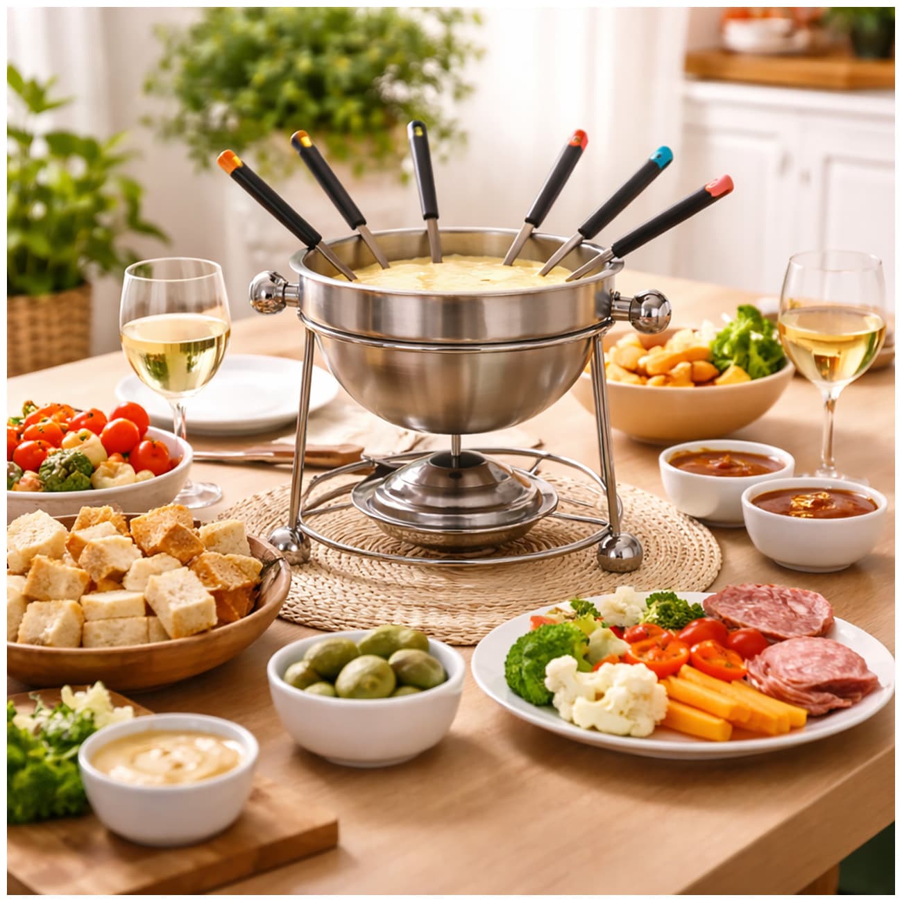 Fondue Set Edelstahl mit Keramikschale St&ouml;vchen und Gabeln 