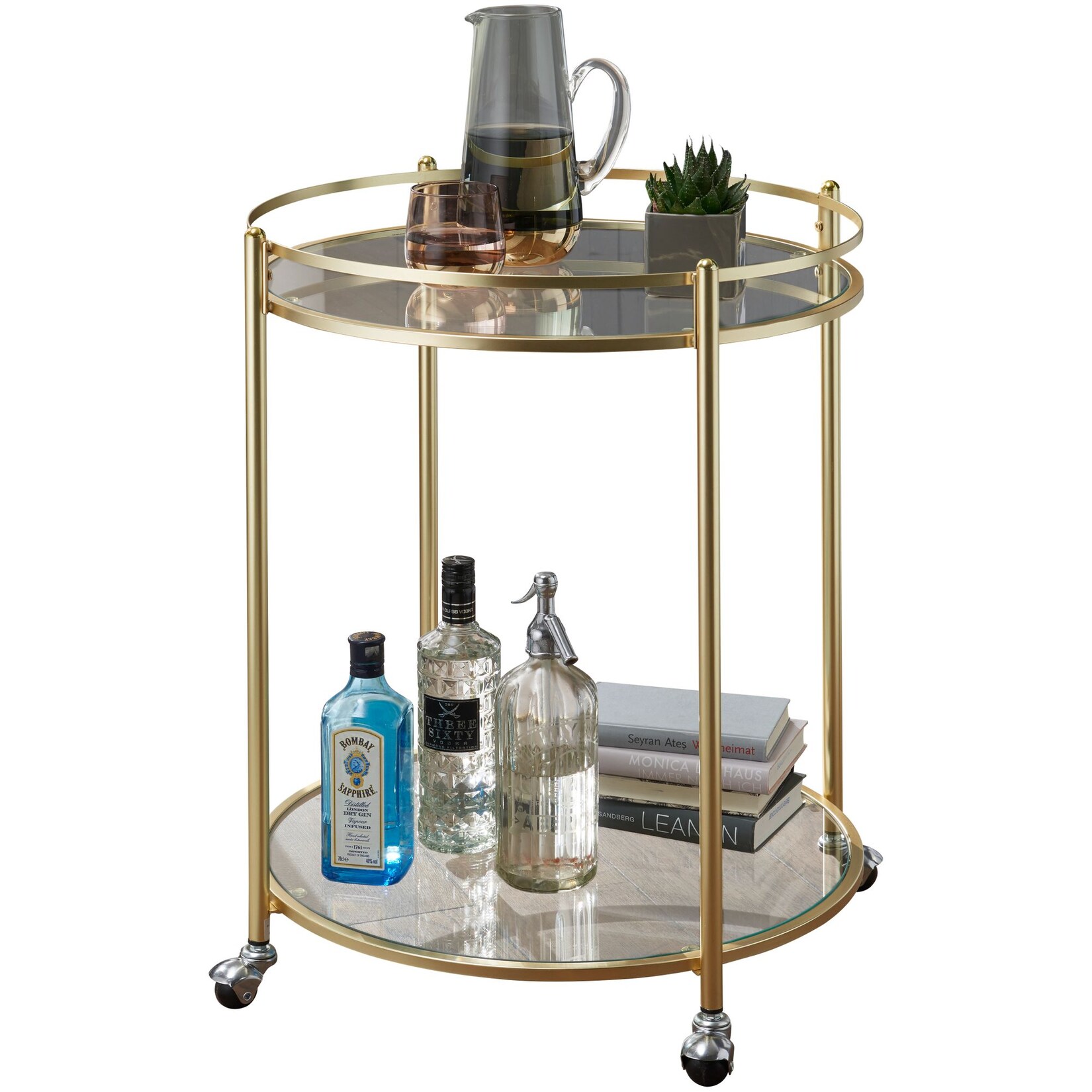 WOHNLING Design Servierwagen JAMES Gold B 57 cm Beistelltisch Teewagen Metall mit Rollen