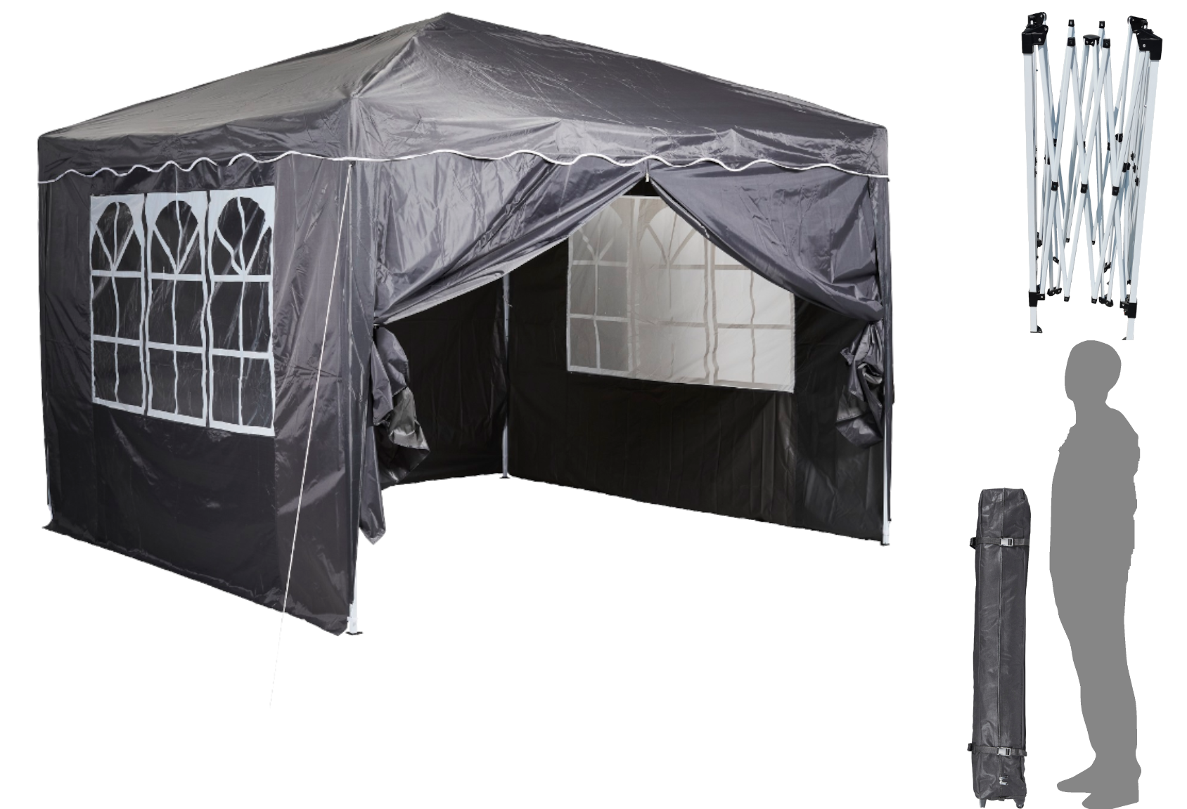 CHILLROI Faltpavillon Dachfl&auml;che 300 x 300 cm Anthrazit 200g/m&sup2; inklusive 4 Seitenw&auml;nde mit Fenster Multifunktionszelt 