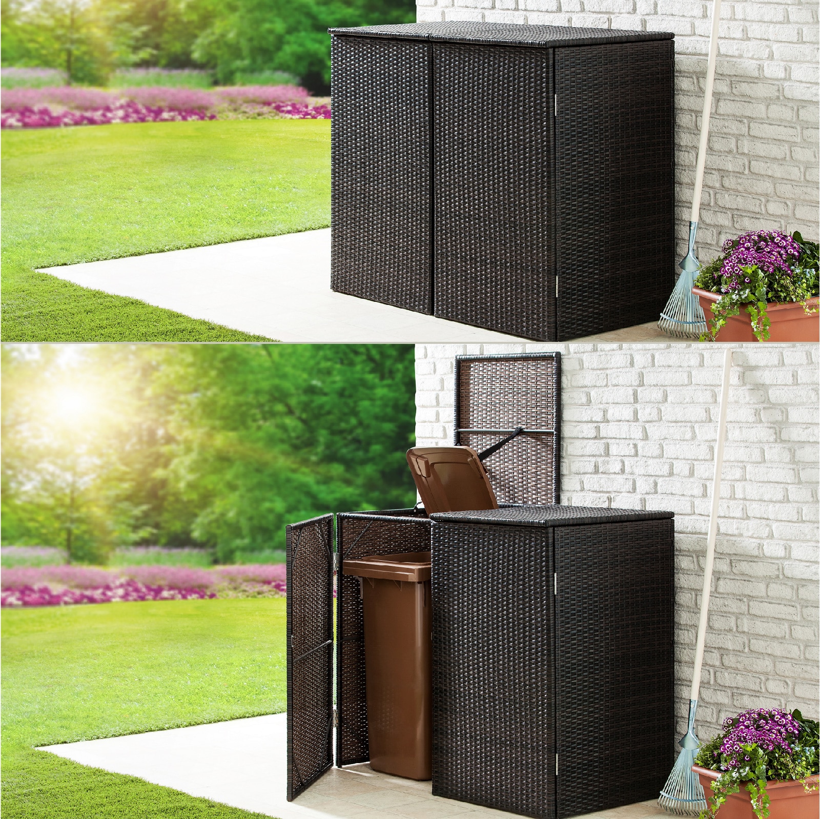 GreenYard M&uuml;lltonnenabdeckung f&uuml;r 2 M&uuml;lltonnen 111 x 65 x 104 cm Rattan-Optik 