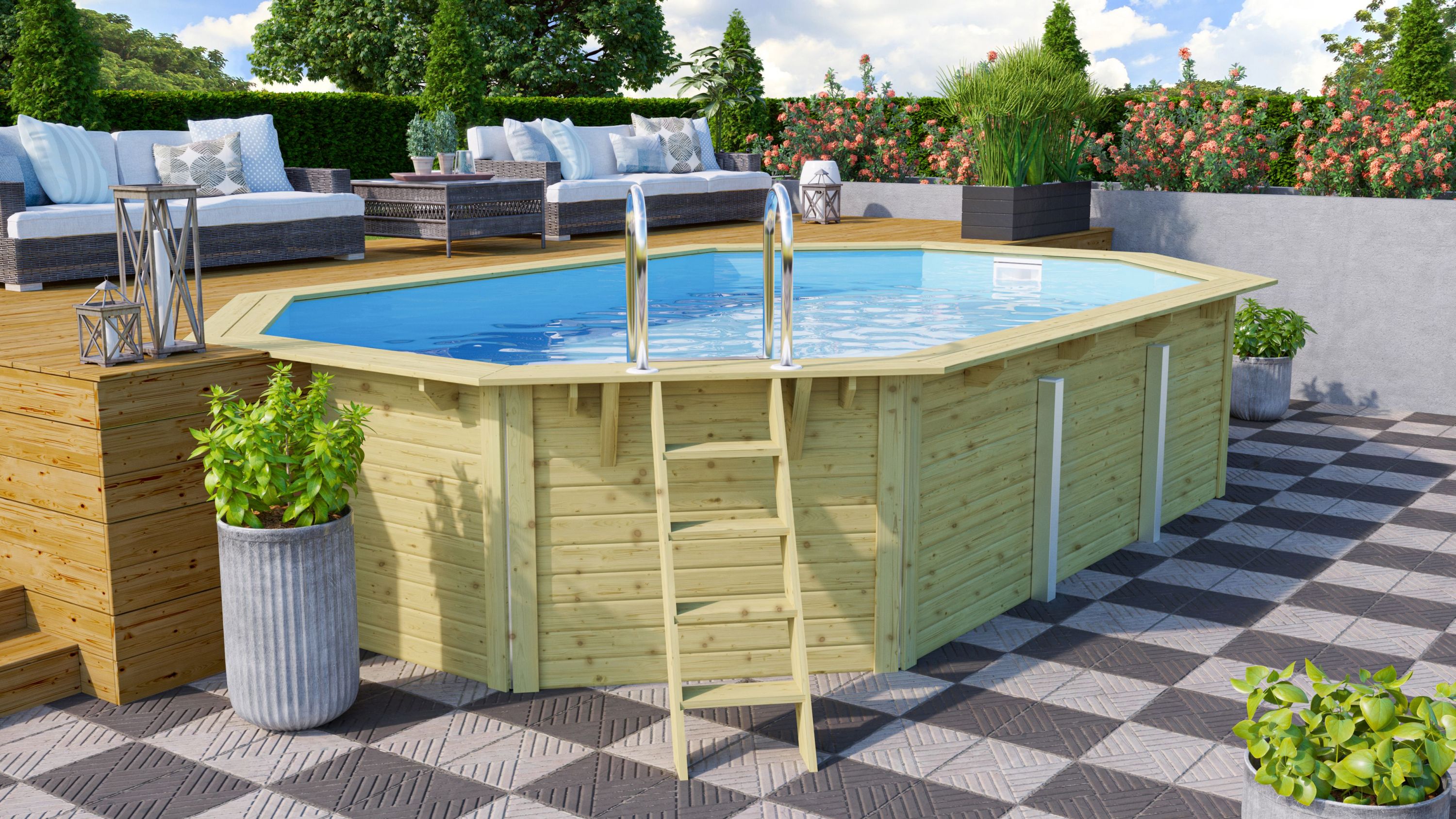CHILLROI | Achteckiger Massivholz Pool l&auml;nglich, 358 x 569 x 124 cm, Modell 4 | Inkl. Zubeh&ouml;r und Pool Leitern 