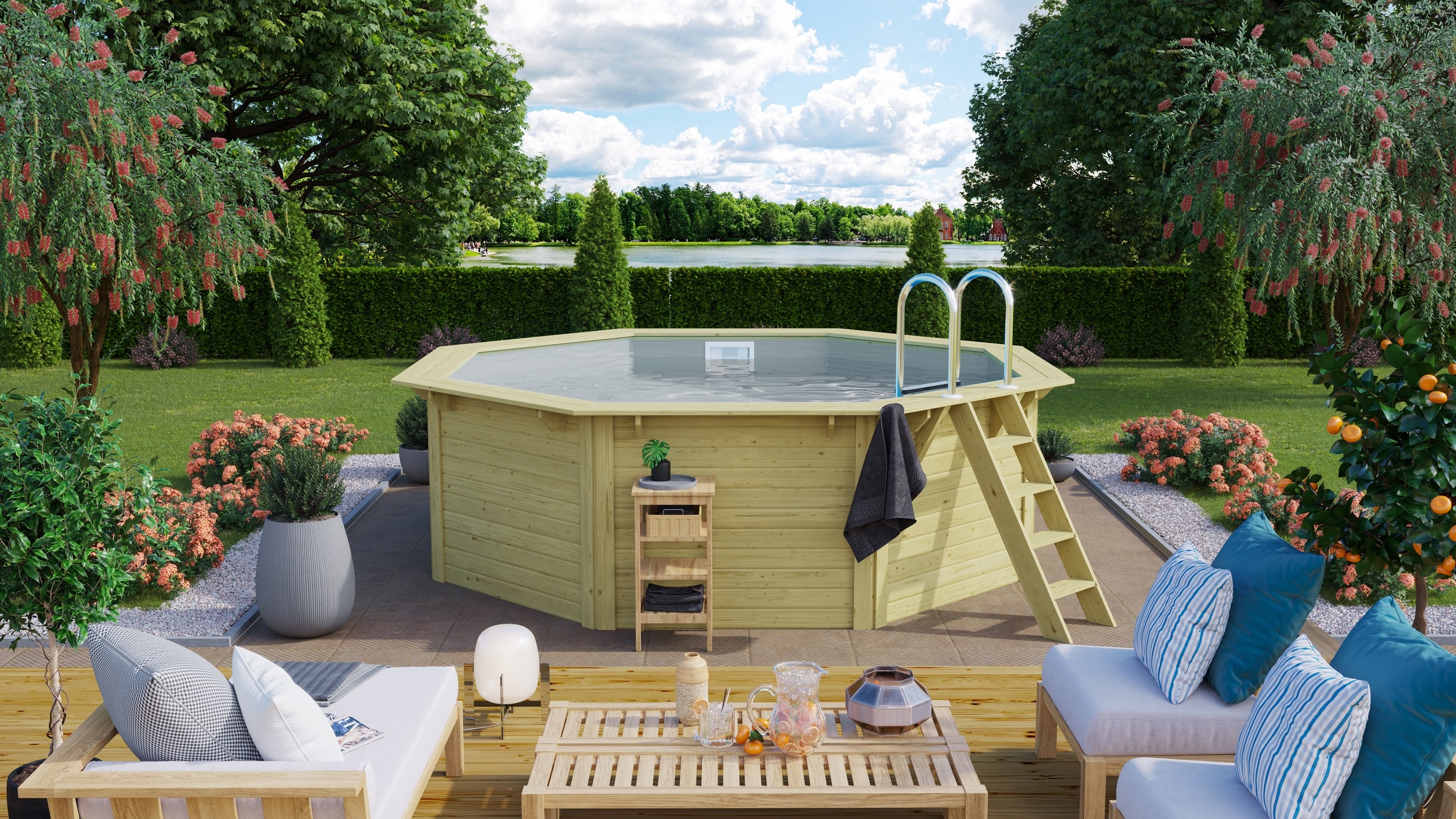 CHILLROI | Achteckiger Massivholzpool, 357,5 x 357,5 x 124 cm, Modell 1 X Folie grau | Inkl. Zubeh&ouml;r und Pool Leitern 