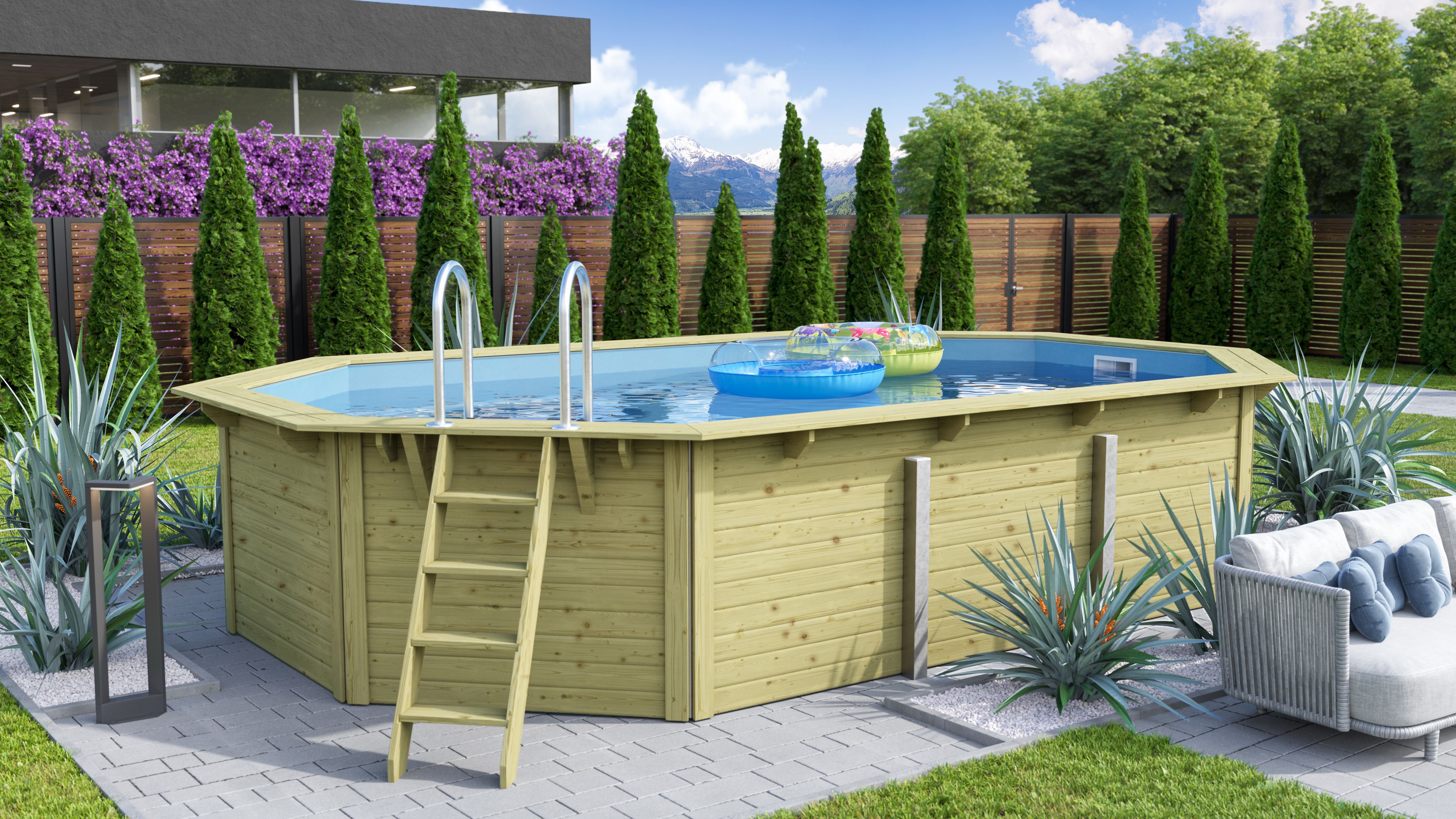 CHILLROI | Achteckiger Massivholzpool l&auml;nglich, 568,5 x 357,5 x 124 cm, Modell 1 X Folie blau | Inkl. Zubeh&ouml;r und Pool Leitern 