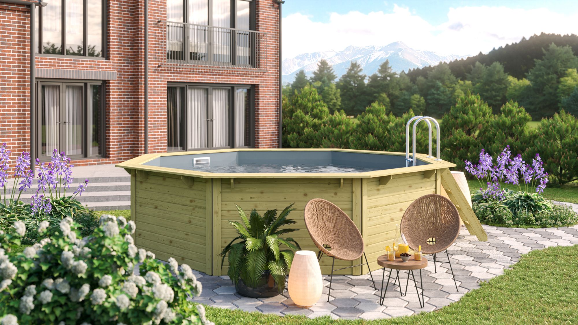 CHILLROI | Achteckiger Massivholzpool, 470 x 470 x 124 cm, Modell 1 X Folie grau | Inkl. Zubeh&ouml;r und Pool Leitern 