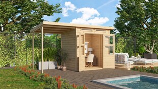 Karibu Gartenhaus "Kano 3" SET naturbelassenes Holz | mit Anbaudach + Dachbahn 