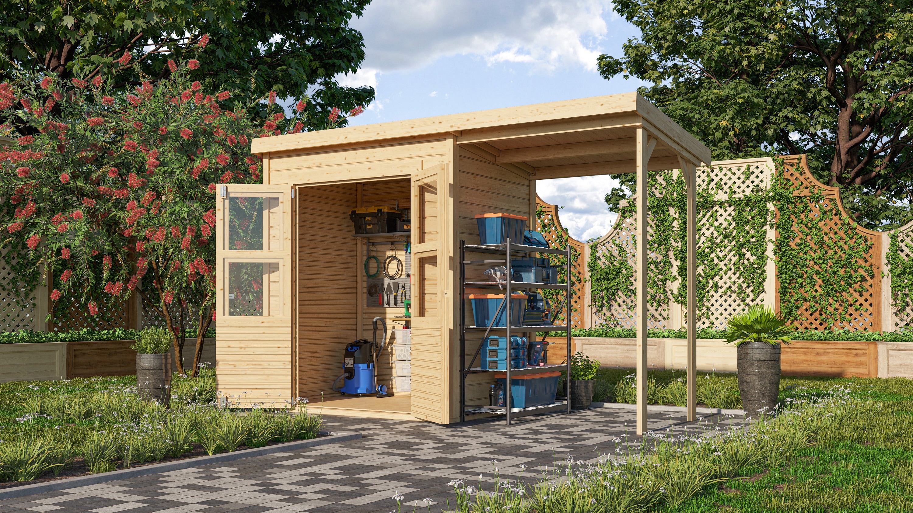 Karibu Gartenhaus "Kano 2" SET mit Anbaudach | naturbelassenes Fichtenholz 