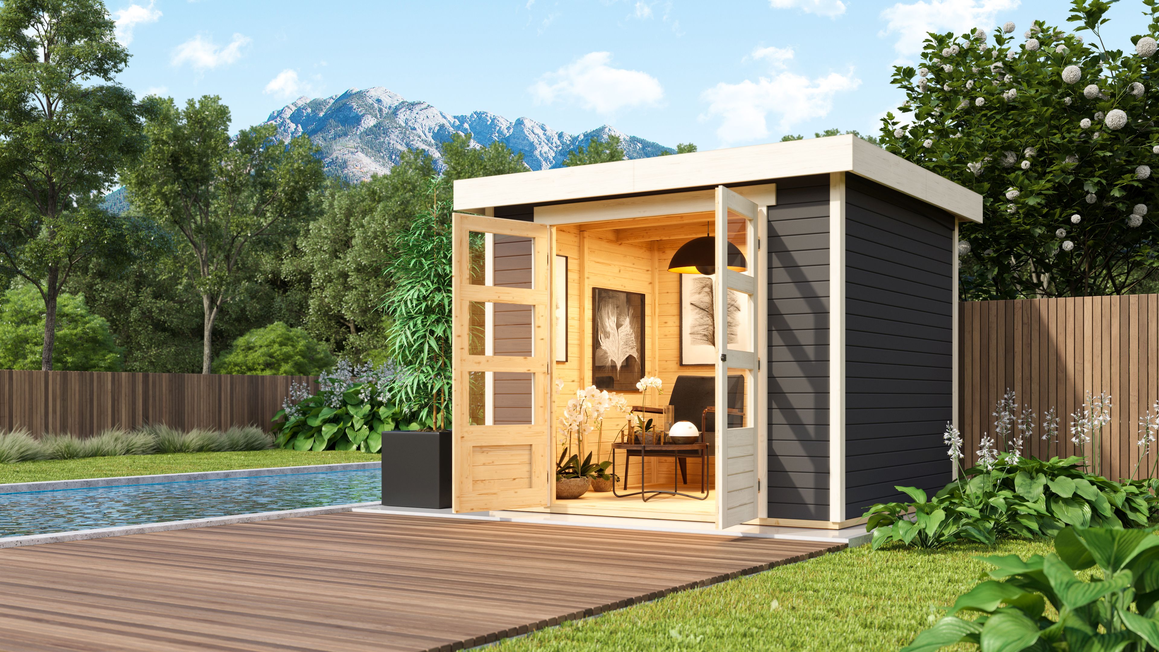 Karibu Gartenhaus "Calabar 3" SET terragrau mit Boden und Dachfolie 