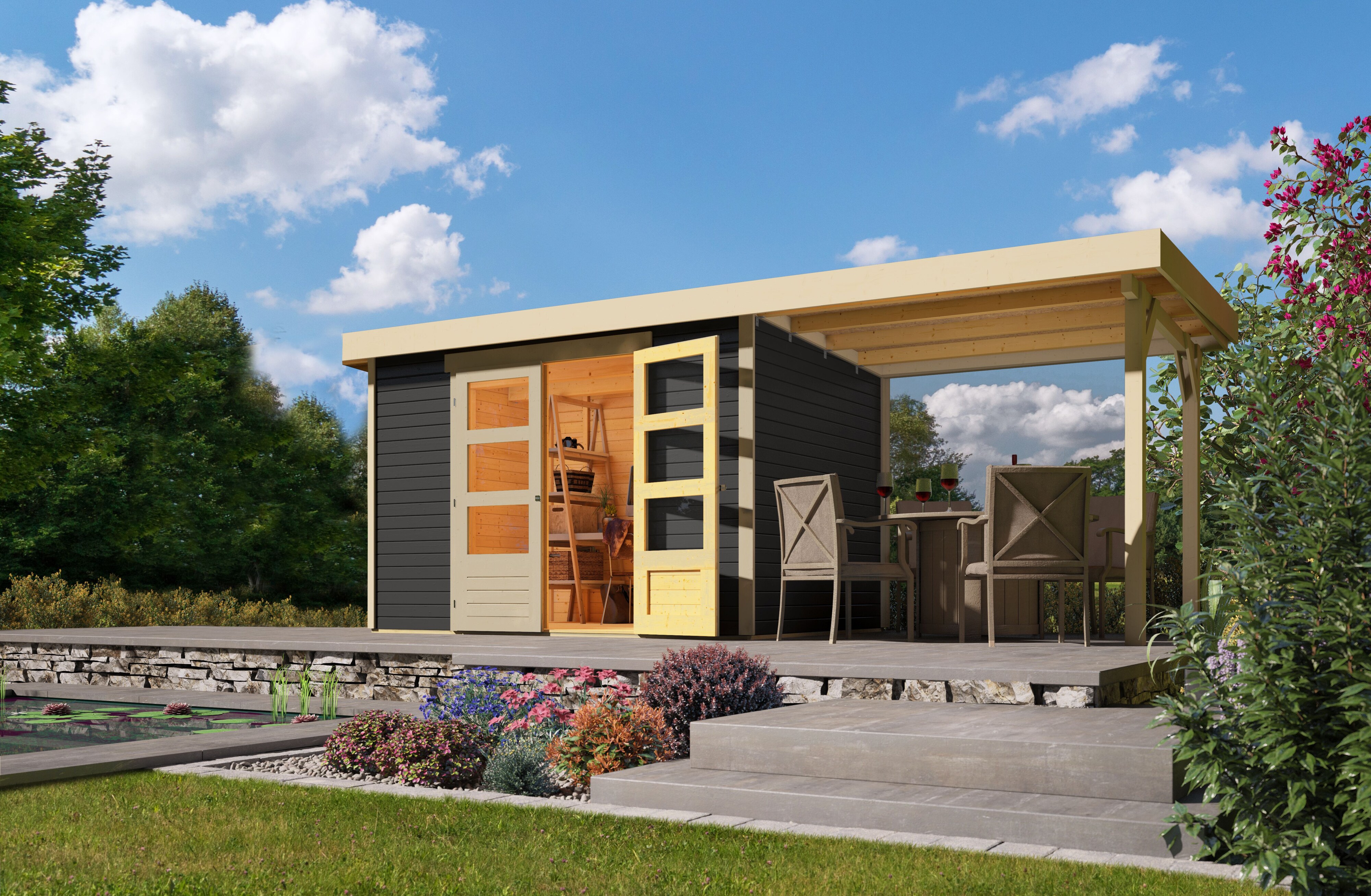 Karibu Gartenhaus Calabar 4 SET in terragrau mit Boden, Anbaudach, Dachfolie 