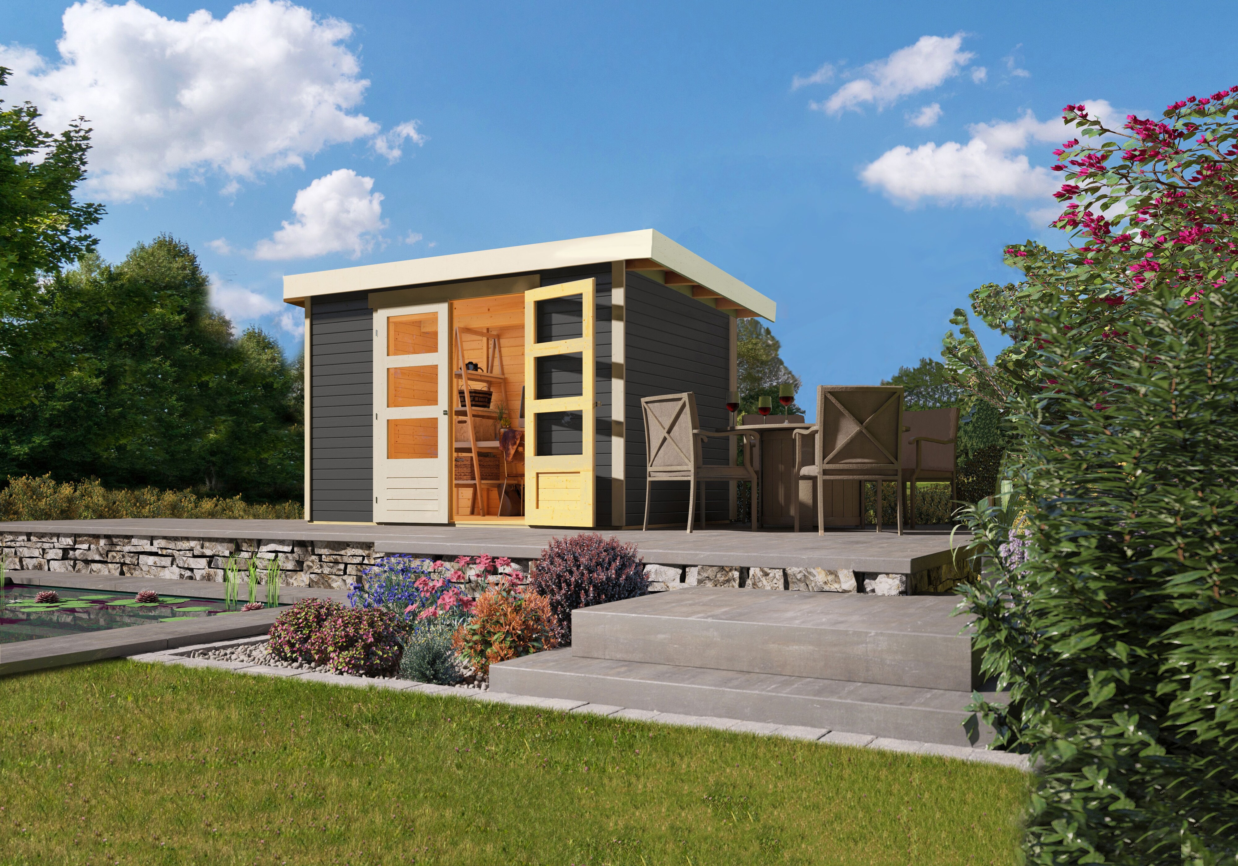 Karibu Gartenhaus "Calabar 4" SET terragrau mit Boden und Dachfolie 