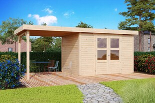 Karibu Gartenhaus "Calabar 4" SET naturbelassen mit Boden, Anbaudach 2,40 m Breite, Dachfolie 