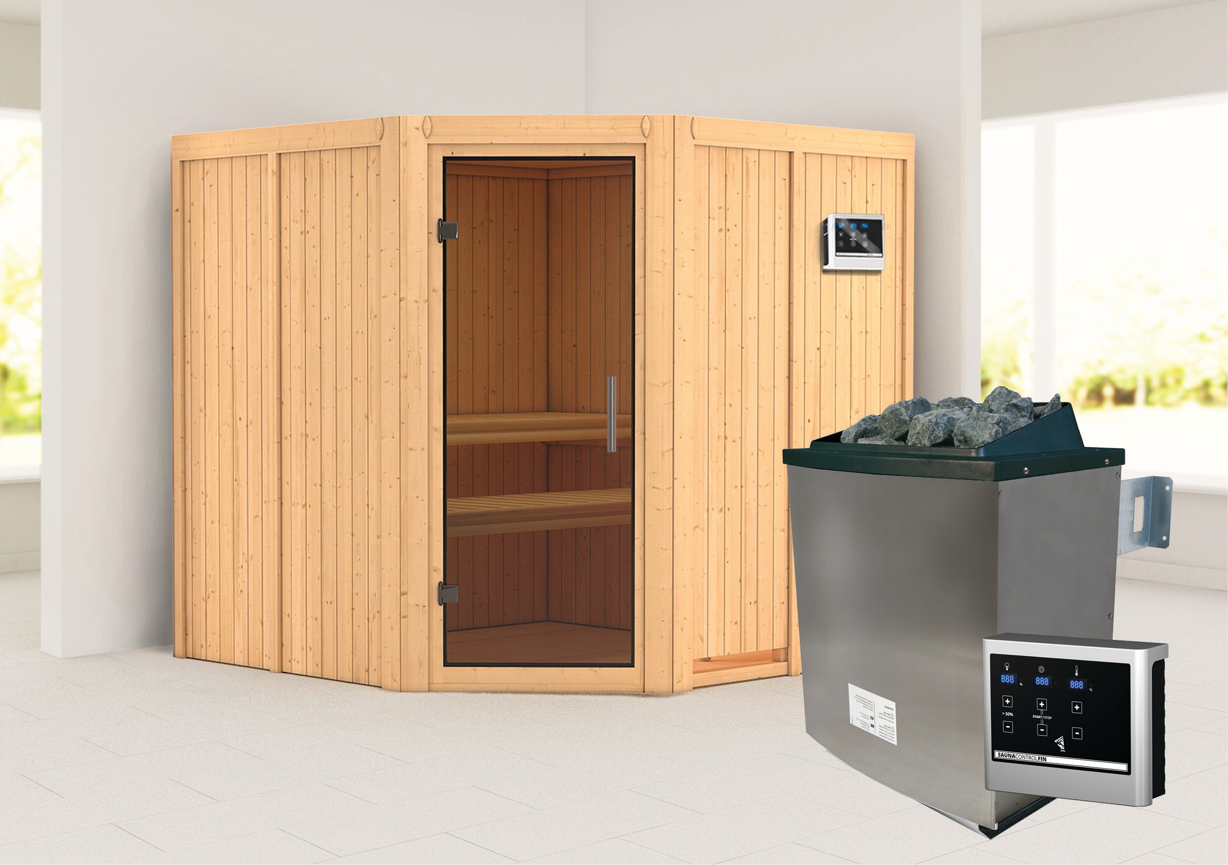 Karibu Sauna "San Rafael" SET naturbelassen mit 9kW Ofen 