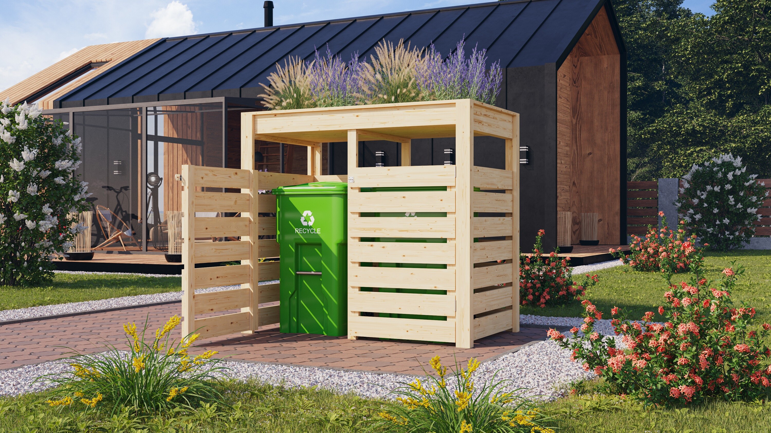 Karibu M&uuml;lltonnenbox mit Hochbeet Natur Pflanzkasten aus Holz BxHxT ca.158x143x88 cm Blumenkasten Schutzkasten 