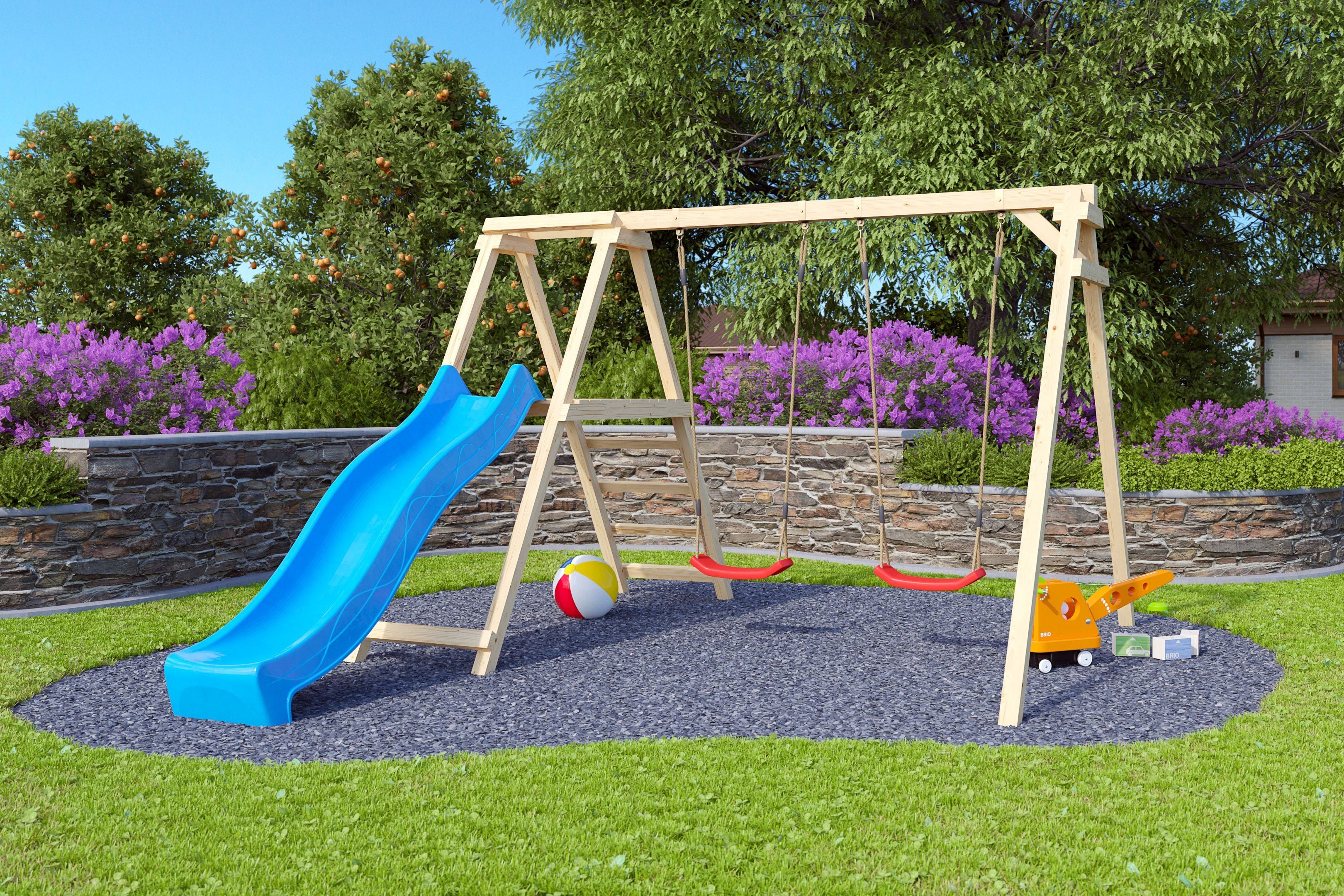 Karibu Doppelschaukel Felix mit Kletterger&uuml;st und Rutsche blau 