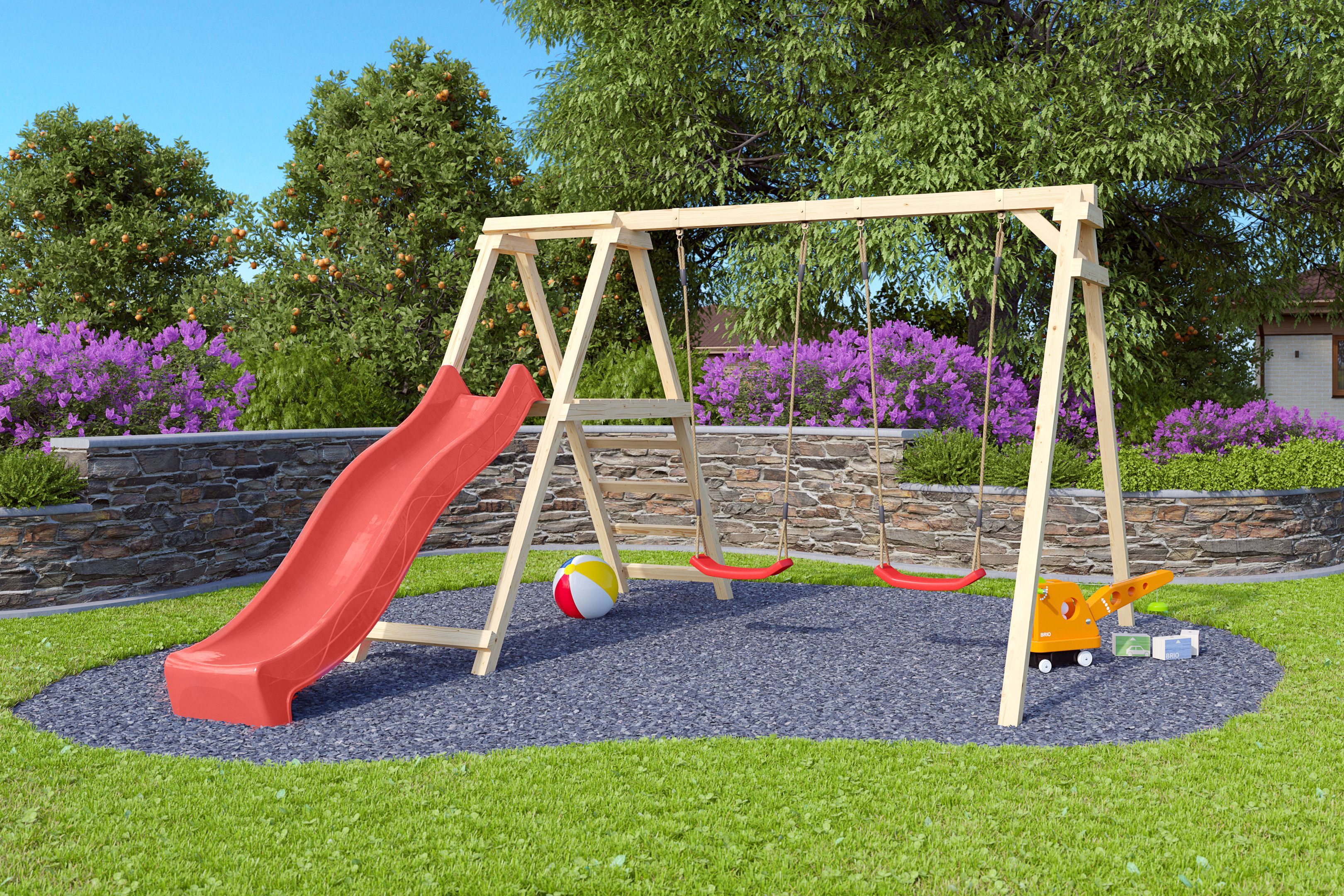 Karibu Doppelschaukel Felix mit Kletterger&uuml;st und Rutsche rot 