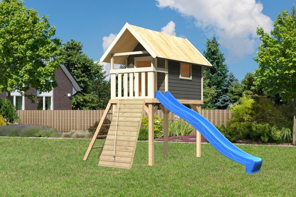 Karibu Stelzenhaus Gernegro&szlig; mit Rutsche blau und Holzrampe 