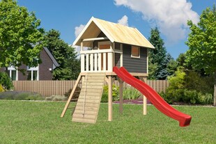 Karibu Stelzenhaus Gernegroß mit Rutsche rot und Holzrampe 