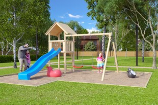 Karibu Spielturm Lotti Satteldach  mit Rutsche blau und Doppelschaukel 