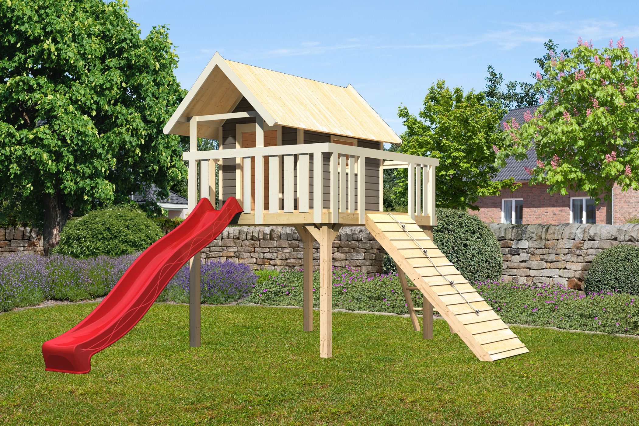 Karibu Stelzenhaus Fidel mit Rutsche rote und Holzrampe 