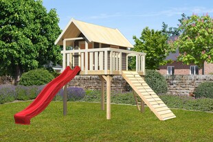 Karibu Stelzenhaus Fidel mit Rutsche rote und Holzrampe 