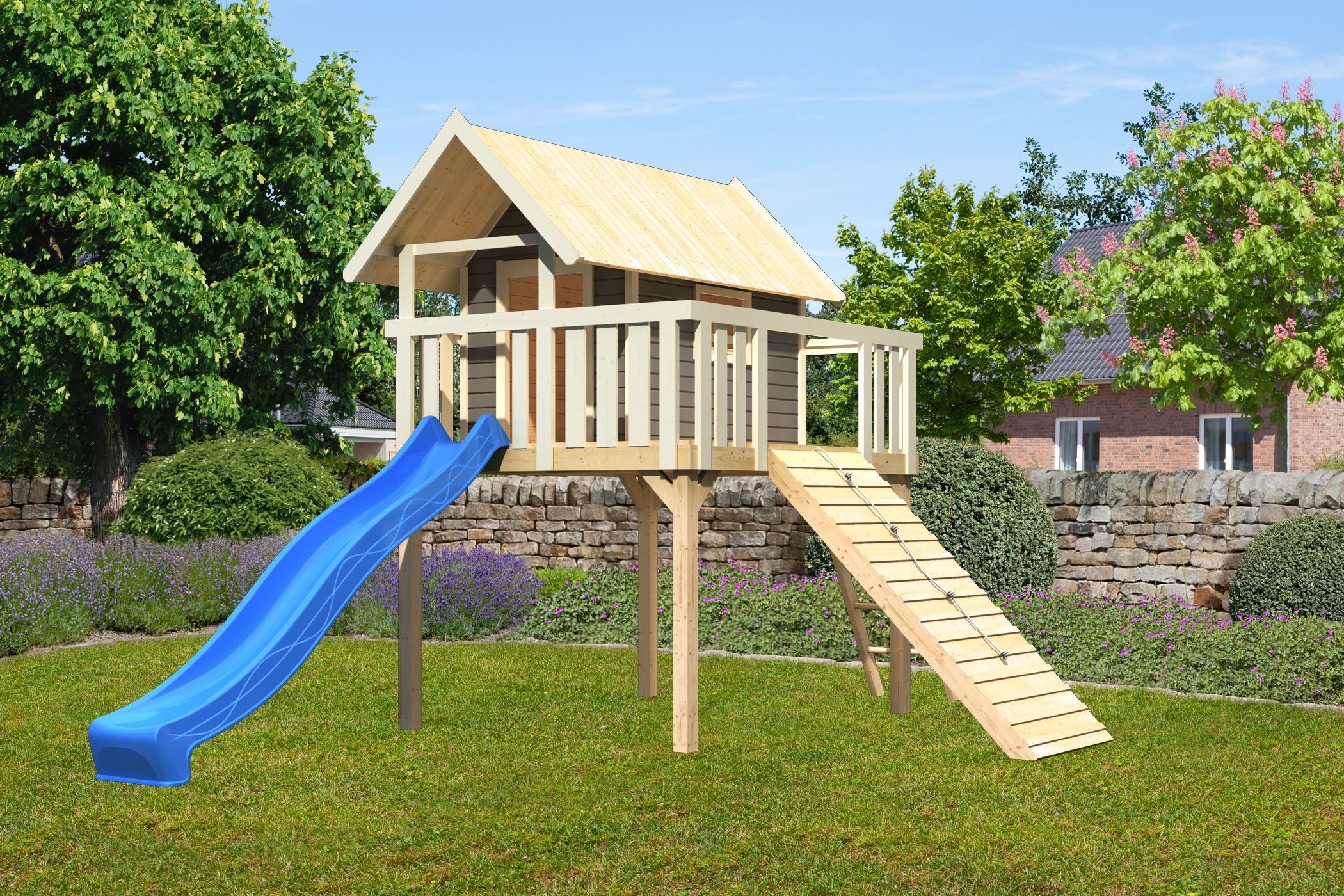 Karibu Stelzenhaus Fidel mit Rutsche blau und Holzrampe 
