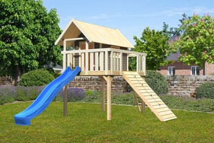 Karibu Stelzenhaus Fidel mit Rutsche blau und Holzrampe 