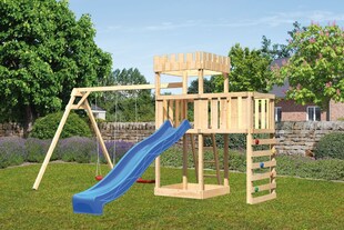 Karibu Ritterburg Löwenherz  mit Rutsche blau und Doppelschaukel Klettergerüst, Anbauplattform, Kletterwand 