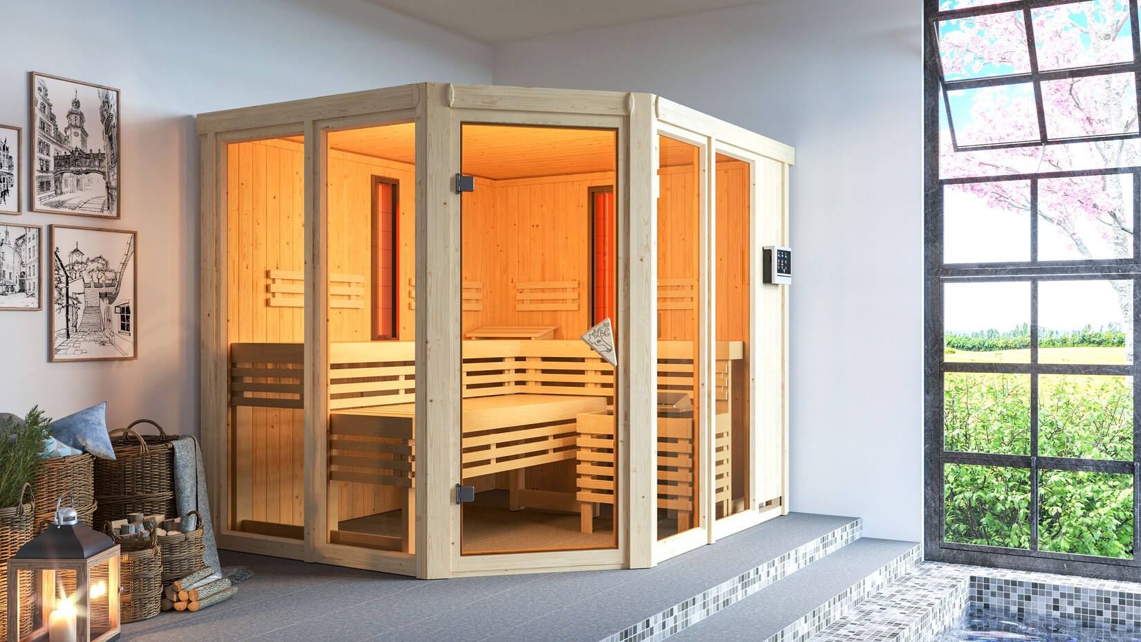 Karibu Infarot Kombisauna Lene plus mit 9kW Bio-Ofen, Steuergerät und Infrarotstrahlern naturbelassen