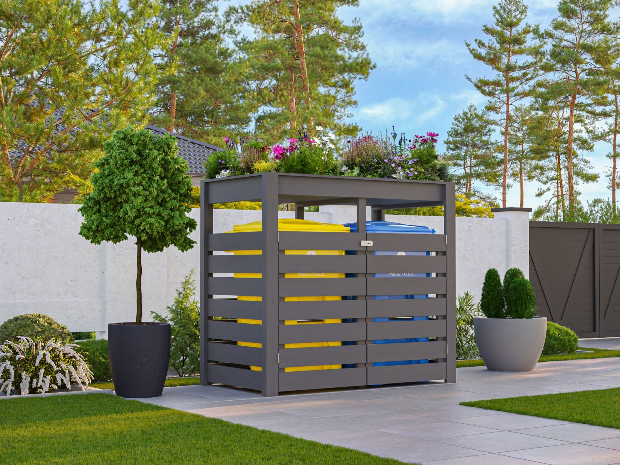 Karibu M&uuml;lltonnenbox mit Hochbeet terragrau Pflanzkasten aus Holz BxHxT ca.158x143x88 cm Blumenkasten Schutzkasten 