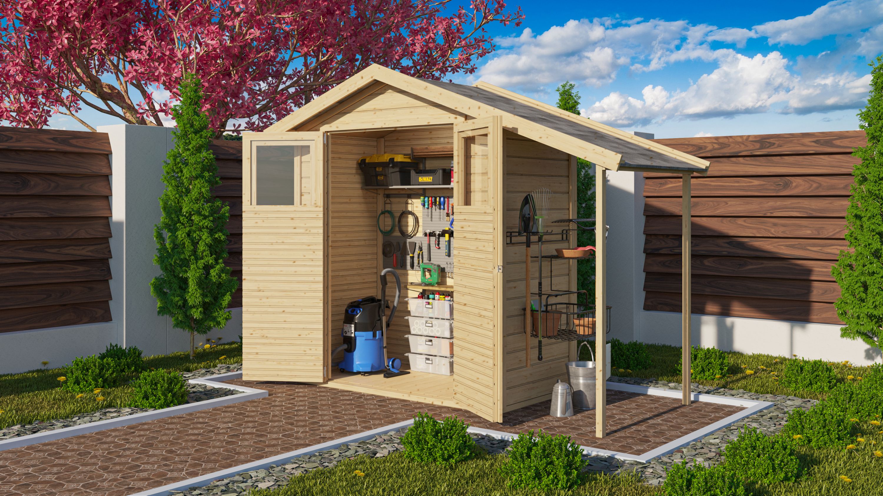 Karibu Housten inkl. Anbaudach Gartenhaus 14 mm Wandst&auml;rke Ger&auml;teschuppen Gartenschuppen 