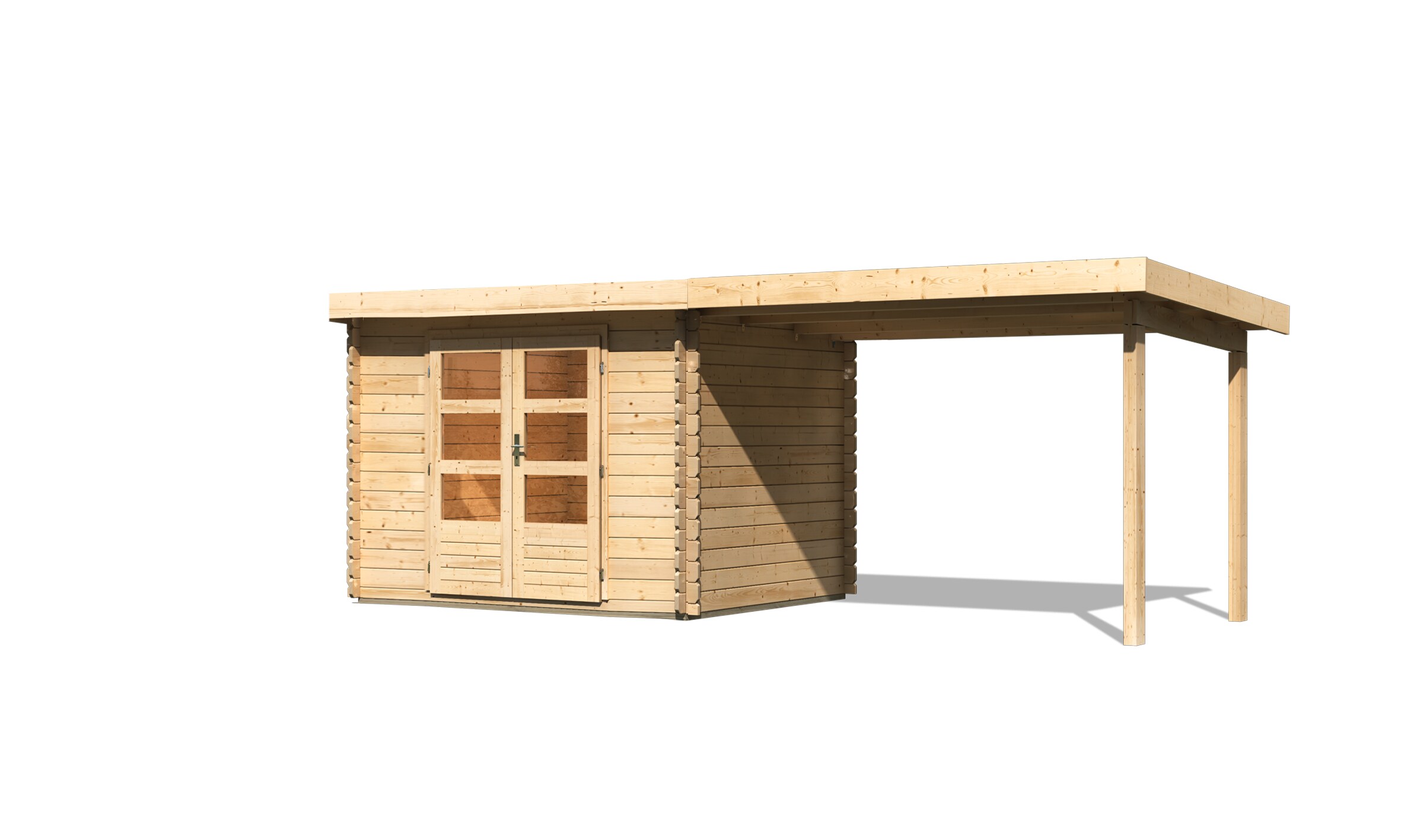 Karibu Gartenhaus San Antonio mit Anbaudach beidseitig anbringbar und Fu&szlig;boden im Set naturbelassen 