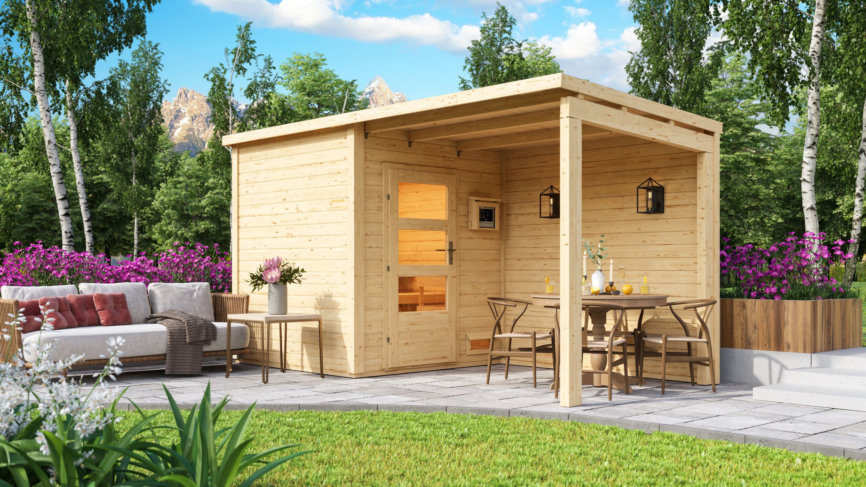 Karibu Au&szlig;ensauna Sofia mit Anbaudach und R&uuml;ckwand ohne Ofen 