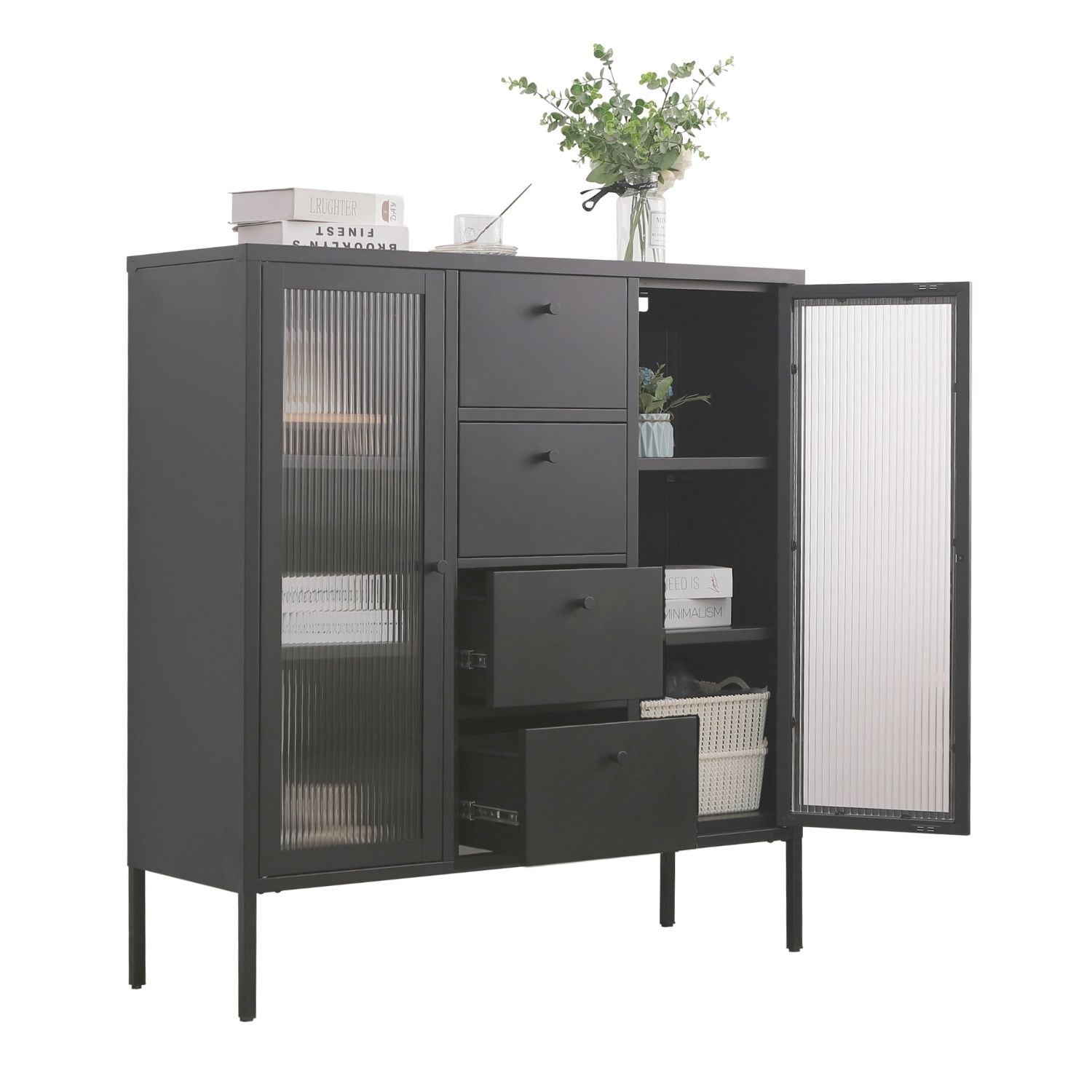 Mein-Regal Highboard Paris 105x35x110cm Metall 4 Schubladen Glast&uuml;ren schwarz 