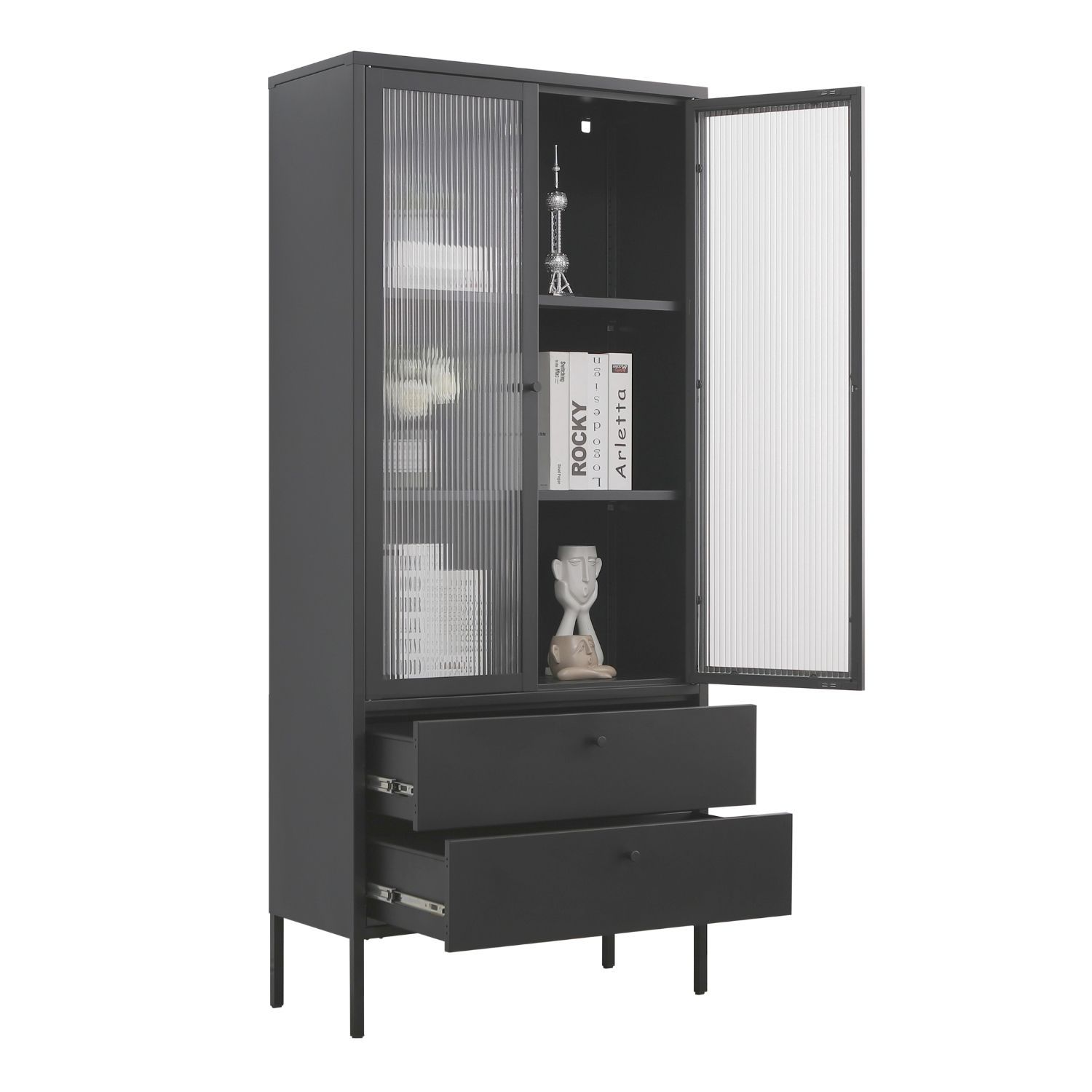 Mein-Regal Vitrine Paris 80x35x180cm Metall 2 Schubladen 2 Glast&uuml;ren schwarz 