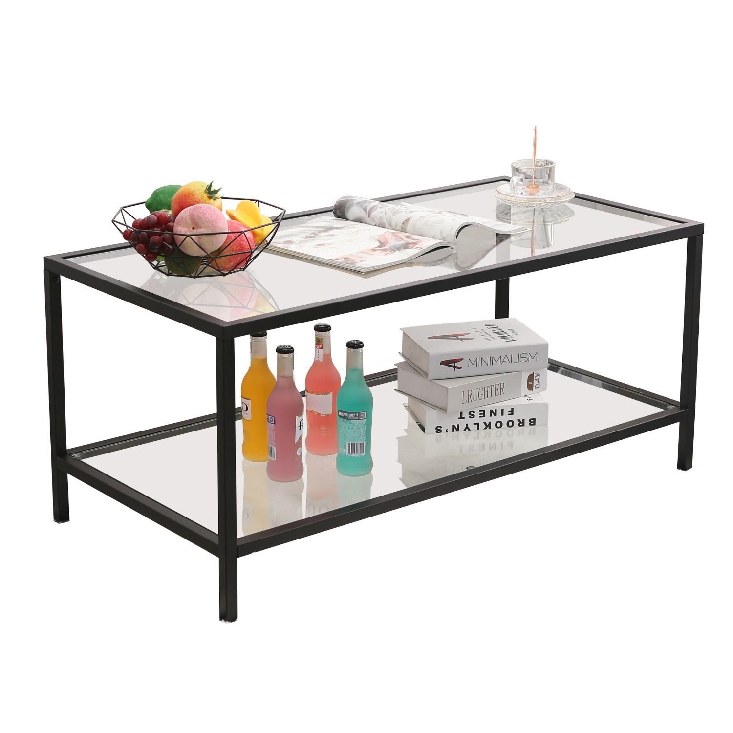 Mein-Regal Couchtisch Glasgow schwarz 100x50x45cm Metall Glasoberfl&auml;che Ablagefach 