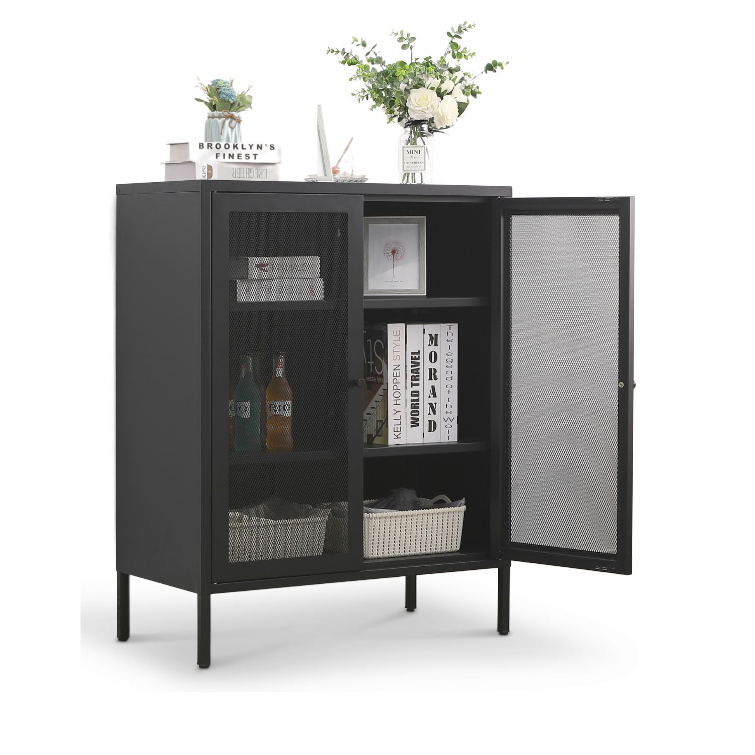 Mein-Regal Highboard Mesh 80x40x100cm aus Metall mit Mesht&uuml;ren schwarz 