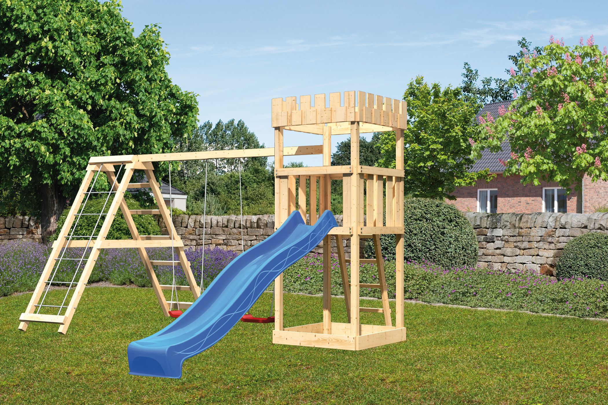 Karibu Ritterburg L&ouml;wenherz mit Rutsche blau und Doppelschaukel mit Kletterger&uuml;st 