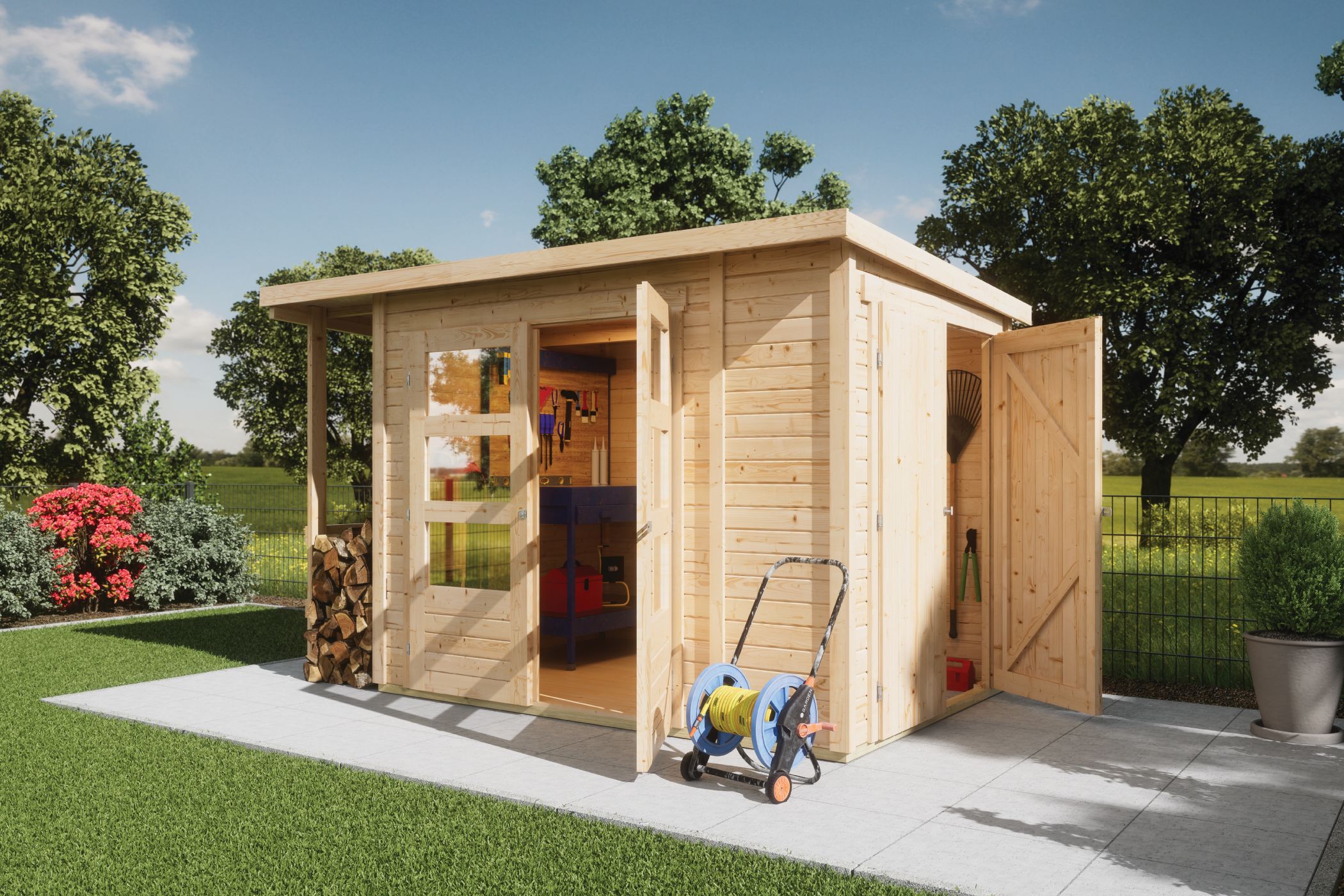 Karibu Gartenhaus 19 mm Multi Pultdach mit Schrank und Anbaudach naturbelassen inkl. Fu&szlig;boden & Dacheindeckung 