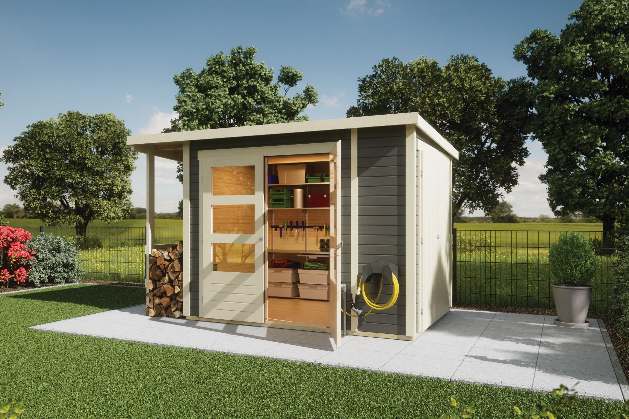 Karibu Gartenhaus 19 mm Multi Pultdach mit Schrank und Anbaudach terragrau inkl. Fu&szlig;boden & Dacheindeckung 