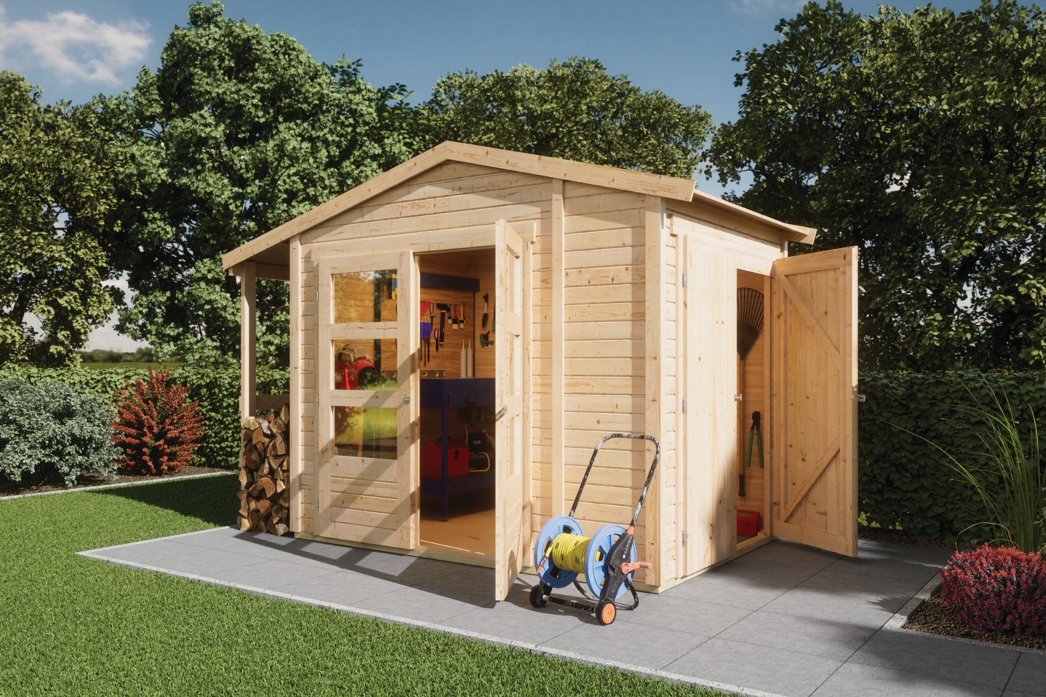 Karibu Gartenhaus 19mm Multi Satteldach mit Schrank und Anbaudach naturbelassen inkl. Fu&szlig;boden & Dacheindeckung  en 