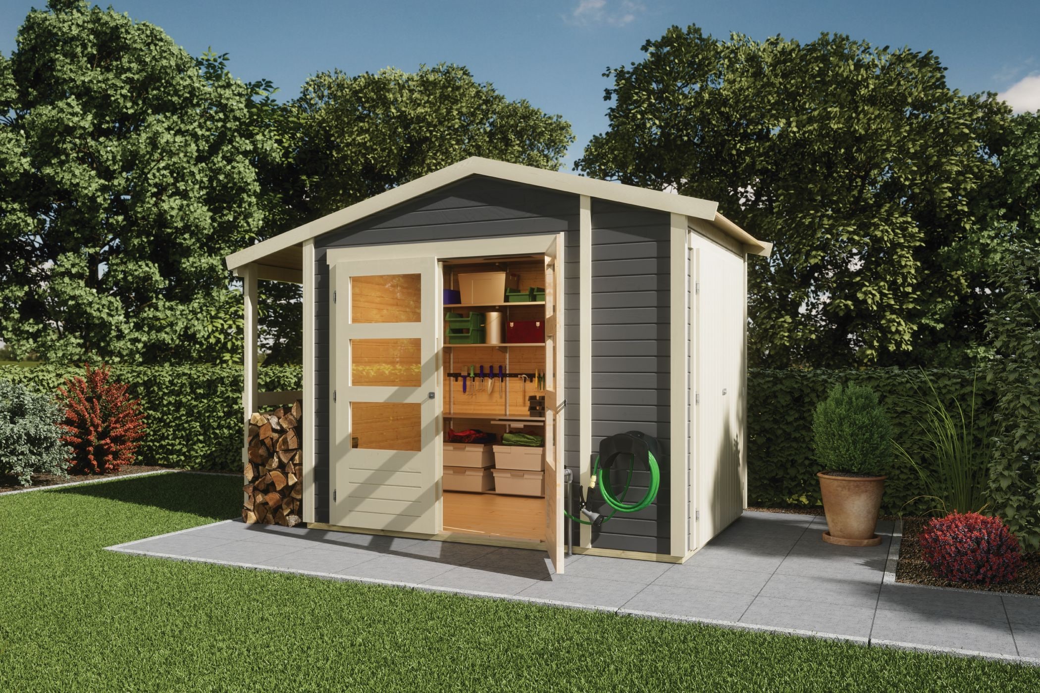 Karibu Gartenhaus 19mm Multi Satteldach mit Schrank und Anbaudach terragrau inkl. Fu&szlig;boden & Dacheindeckung 