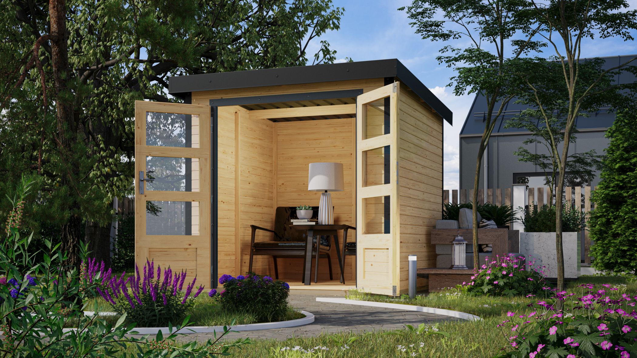 Karibu Hybrid Gartenhaus Hollywood naturbelassen inkl. Fu&szlig;boden Gartenlaube Ger&auml;teschuppen Gartenh&uuml;tte 