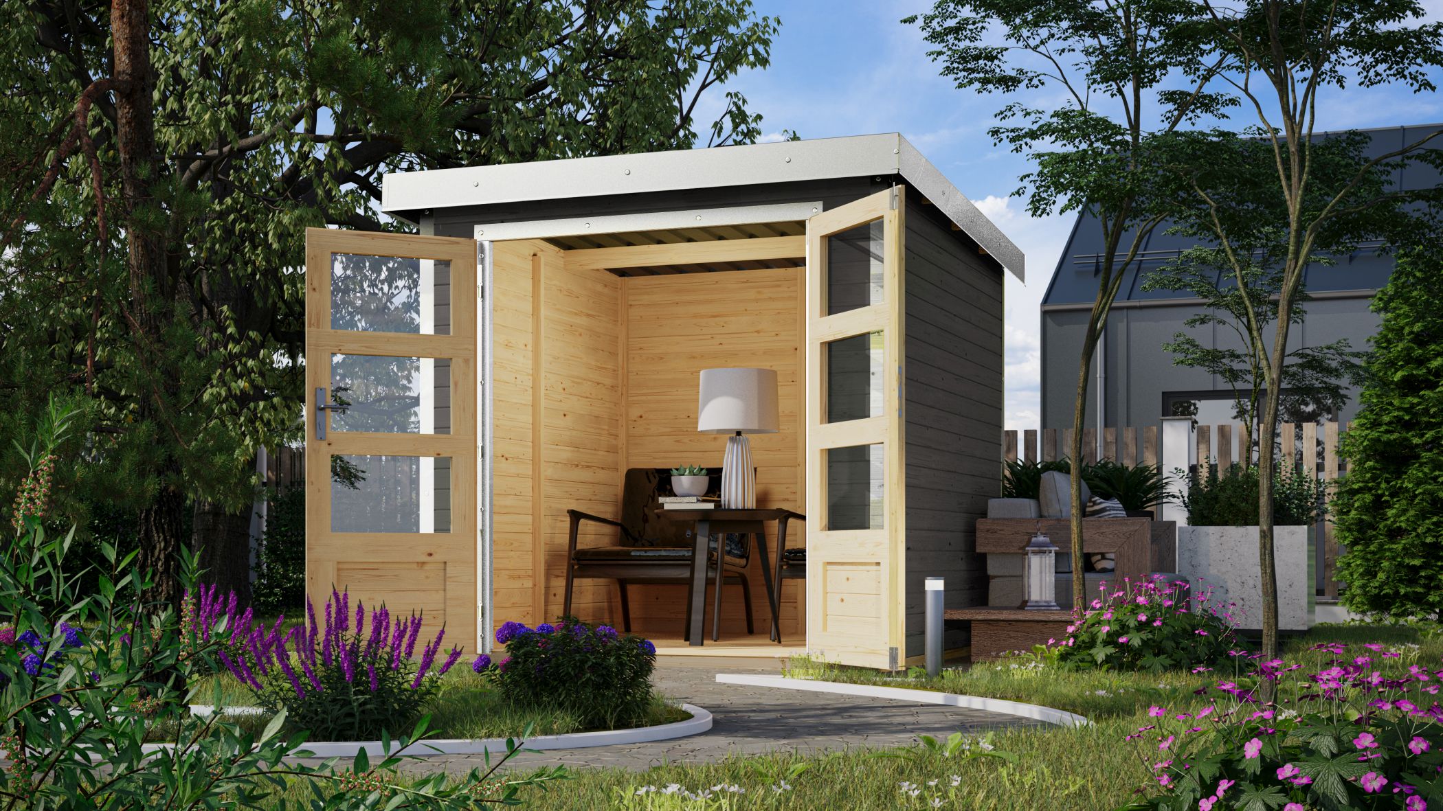 Karibu Hybrid Gartenhaus Hollywood terragrau inkl. Fu&szlig;boden Gartenlaube Ger&auml;teschuppen Gartenh&uuml;tte 