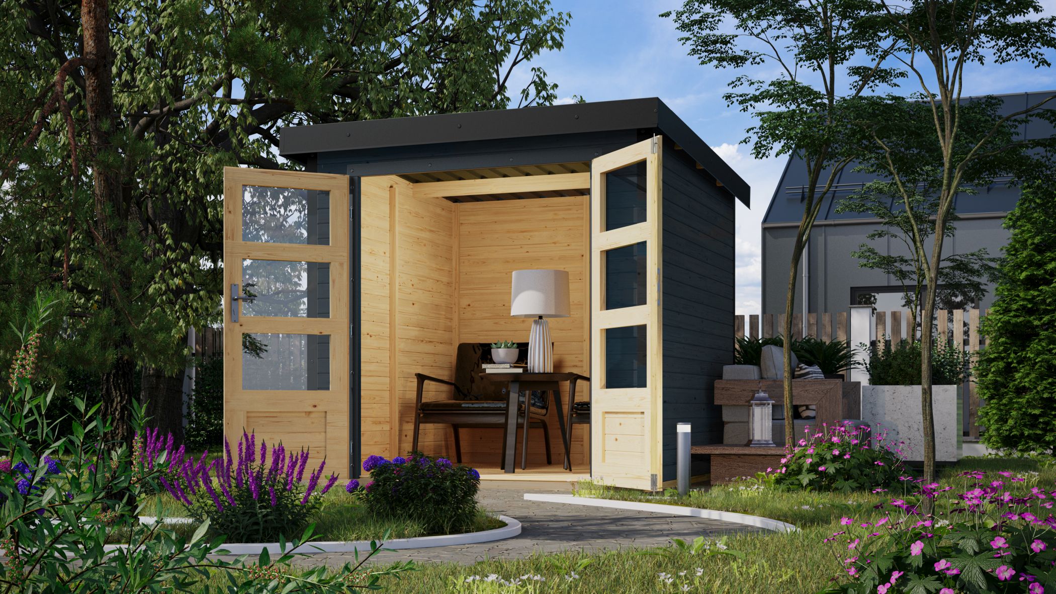 Karibu Hybrid Gartenhaus Hollywood anthrazit inkl. Fu&szlig;boden Gartenlaube Ger&auml;teschuppen Gartenh&uuml;tte 