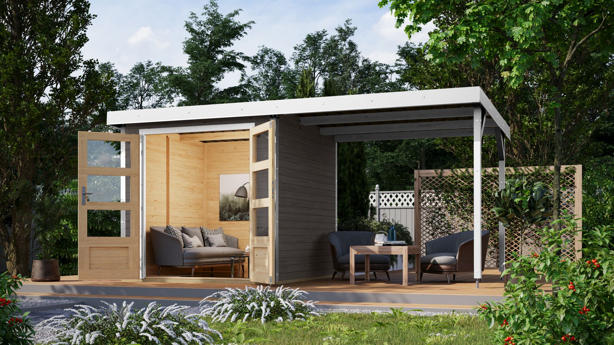 Karibu Hybrid Gartenhaus Hollywood im Set mit Anbaudach ca. 2,40 m  breit terragrau inkl. Fu&szlig;boden Gartenlaube Ger&auml;teschuppen Gartenh&uuml;tte 