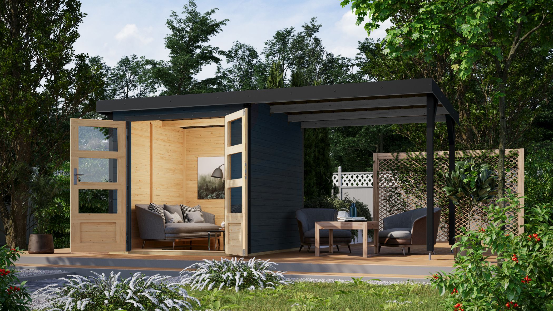 Karibu Hybrid Gartenhaus Hollywood im Set mit Anbaudach ca. 2,40 m  breit anthrazit inkl. Fu&szlig;boden Gartenlaube Ger&auml;teschuppen Gartenh&uuml;tte 