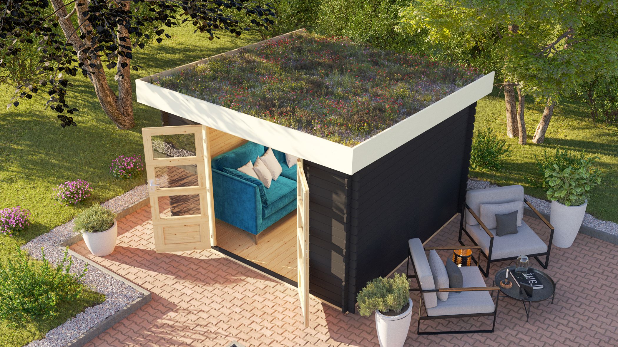 Karibu Blockbohlen Gartenhaus Ros&eacute; 5 anthrazit Dachbegr&uuml;nung Ger&auml;teschuppen Holzhaus 