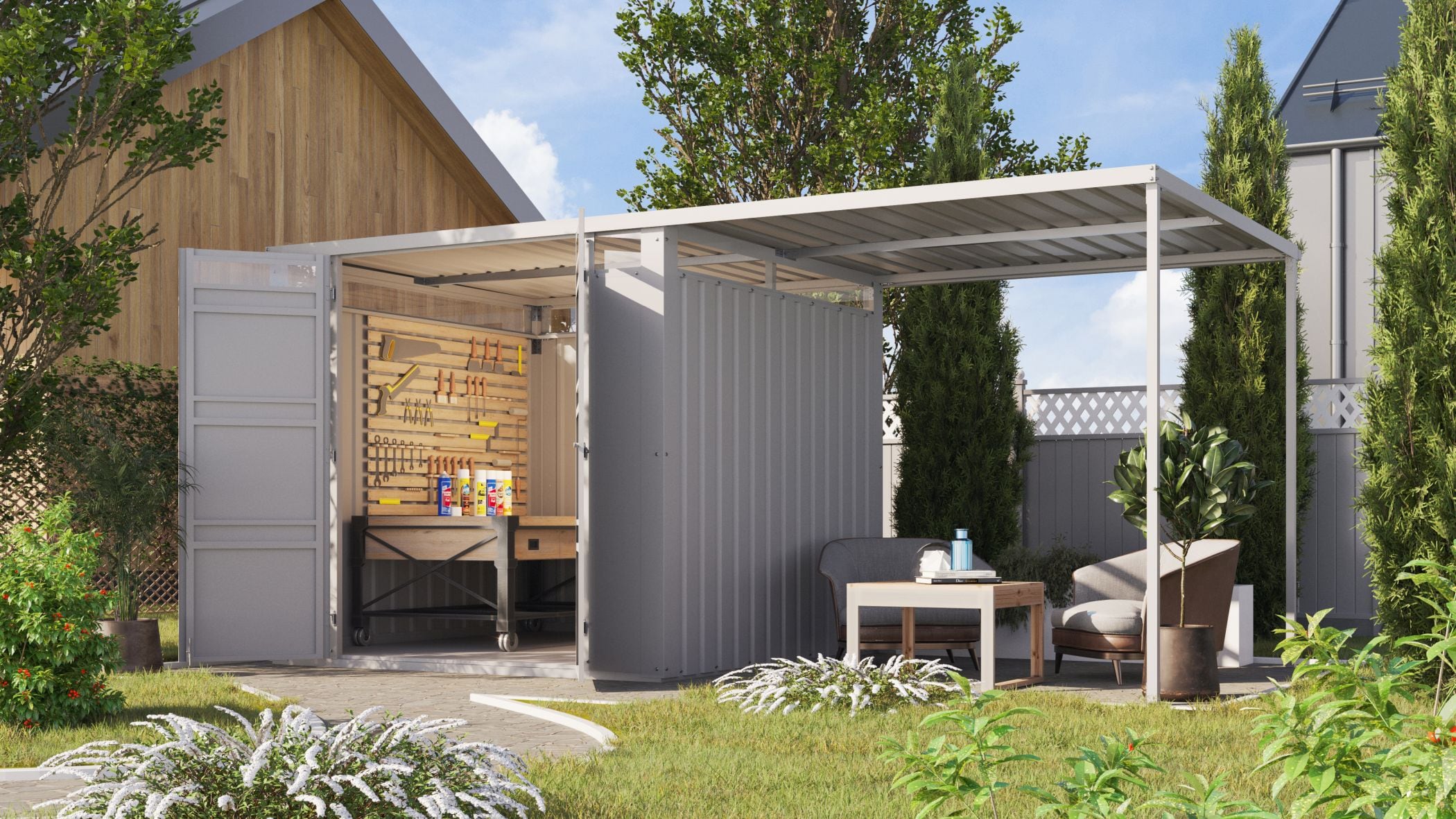 Karibu Metall Gartenhaus Superline 2 im Set mit Anbaudach 2,25 m staubgrau inkl. Fu&szlig;boden Gartenlaube Ger&auml;teschuppen 