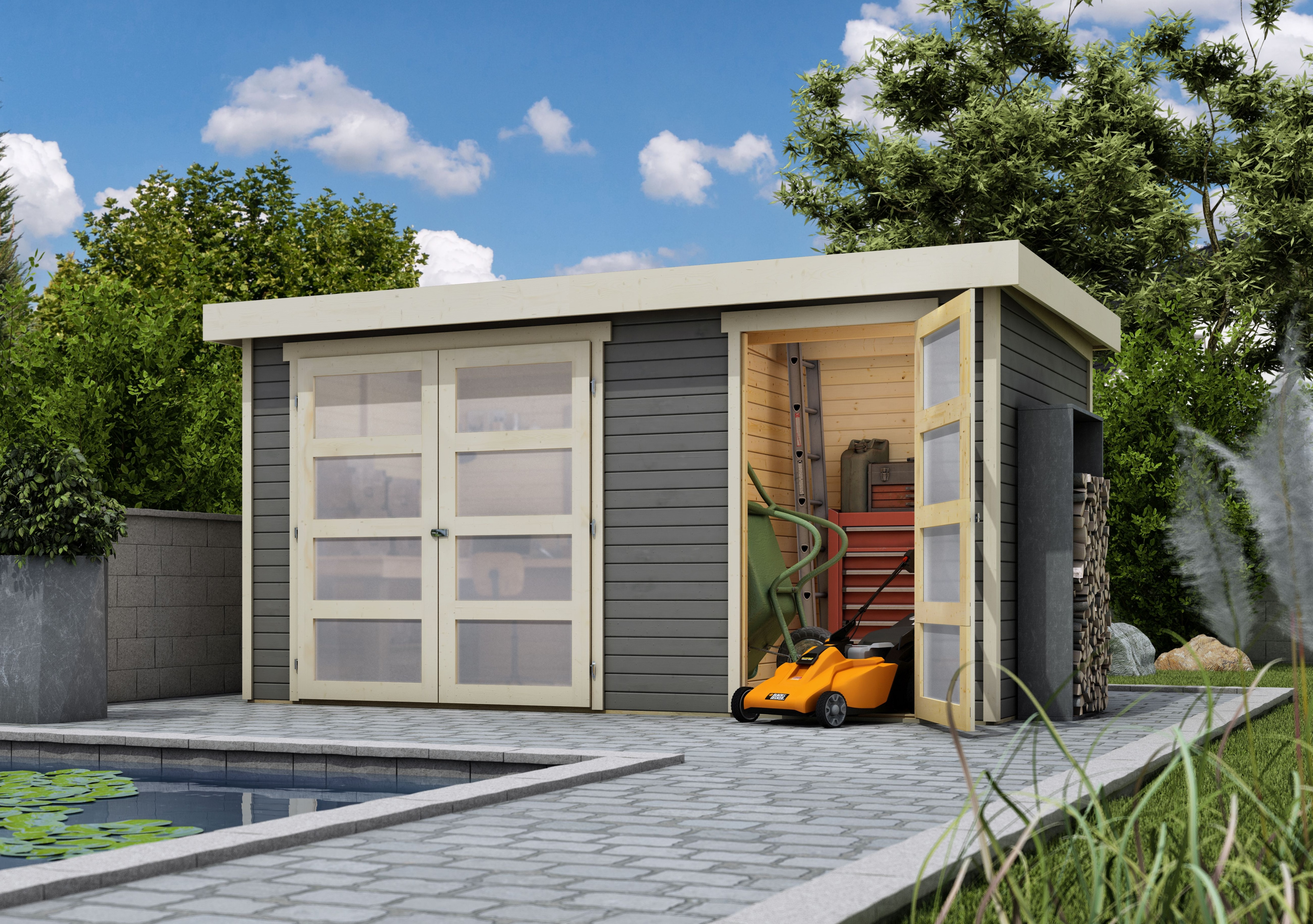 Karibu Gartenhaus Maluna 1 terragrau inkl. Fu&szlig;boden & Dacheindeckung Ger&auml;tehaus Gartenlaube 