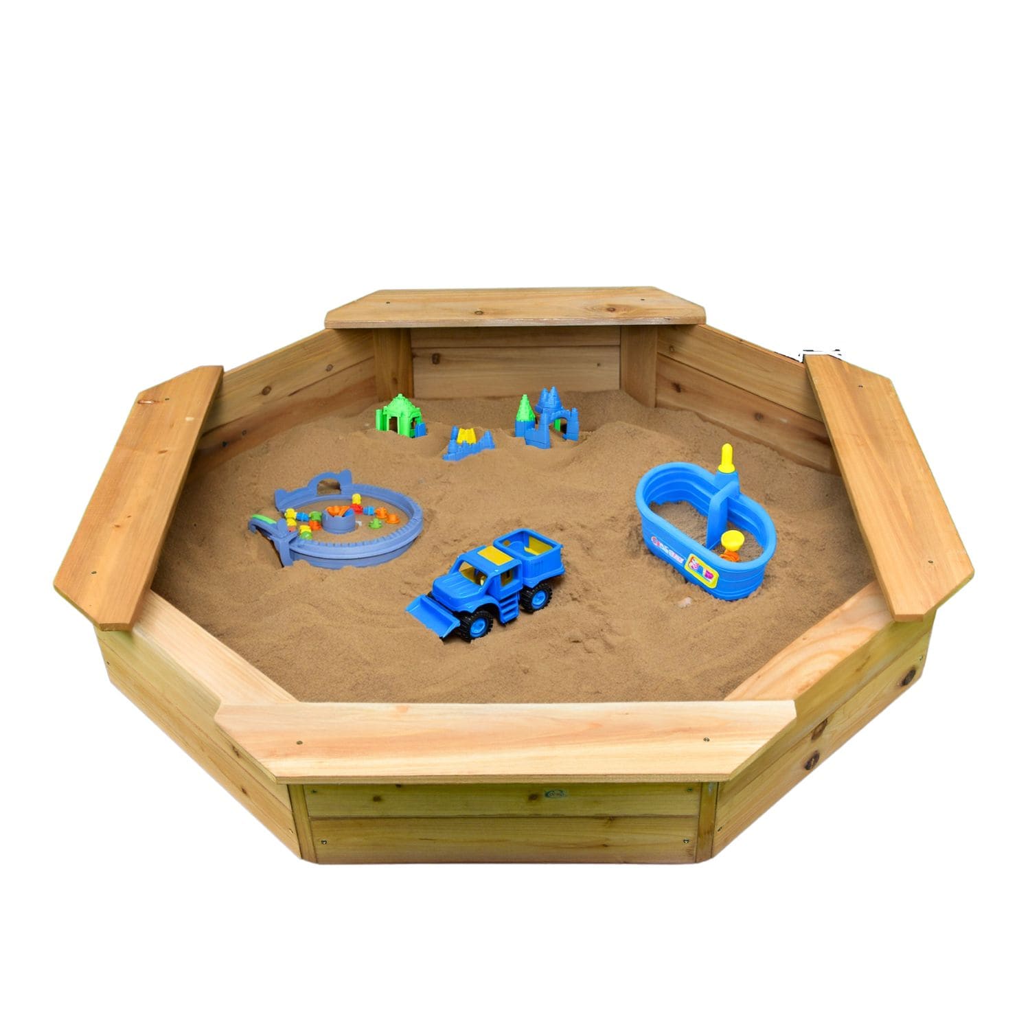 Coemo 6-eckiger Sandkasten Sally Holz inkl. Bodenplane 135x135x20 cm 